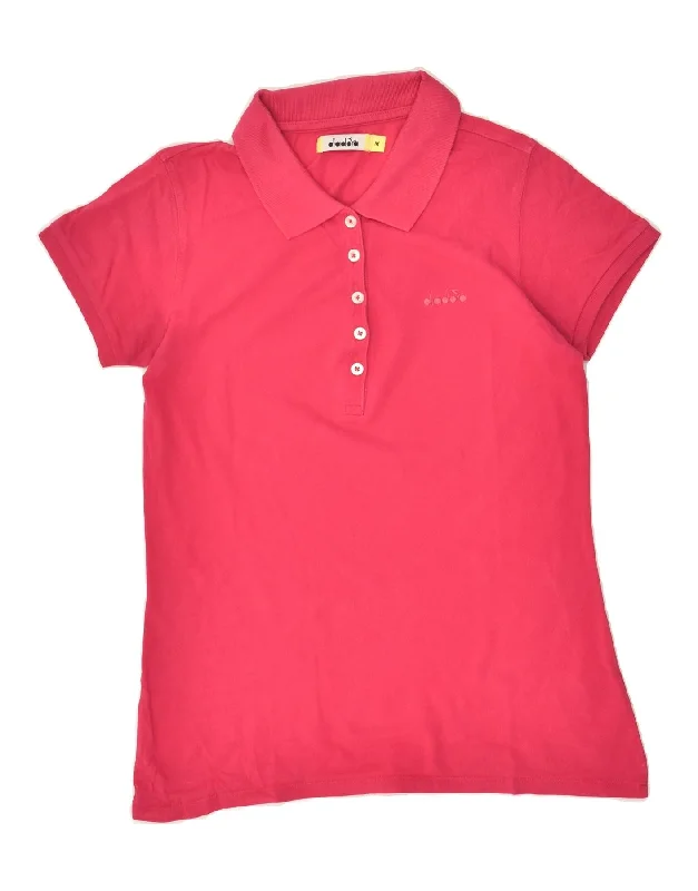 DIADORA Womens Polo Shirt UK 12 Medium Pink Cotton Stylish Pleated Short Sleeve