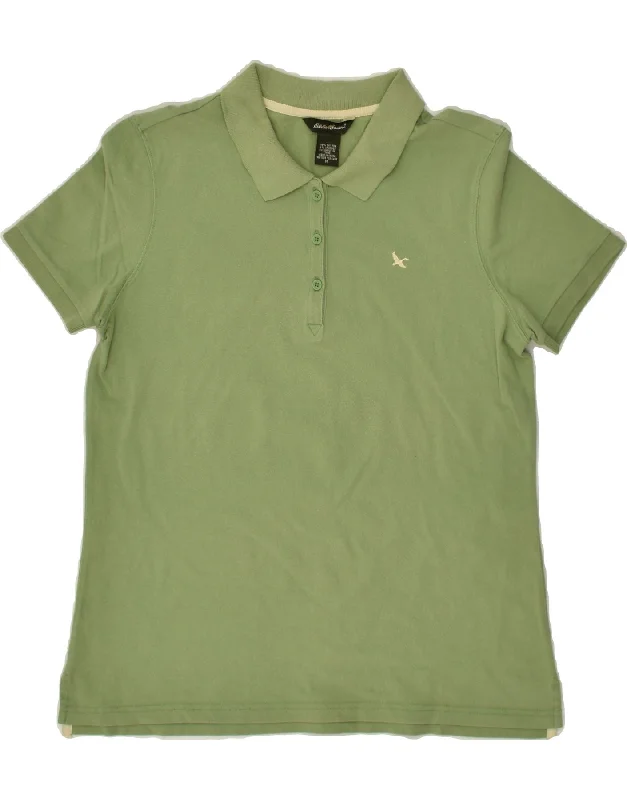 EDDIE BAUER Womens Polo Shirt UK 12 Medium Green Cotton Chic Button-Up Short Shirt