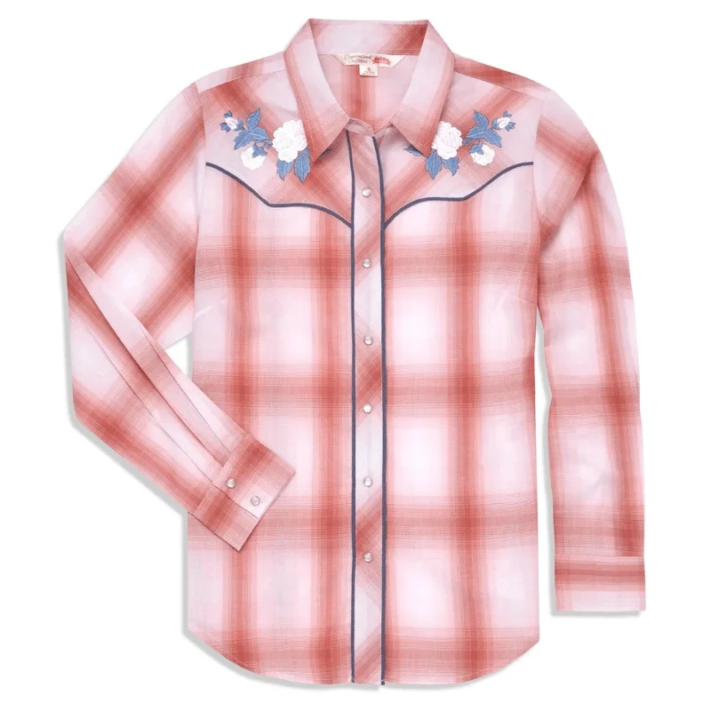 Ely Cattleman Women's Rose Embroidery Plaid Long Sleeve Western Snap Shirt 324981-RZ Trendy Short Sleeve Blouse