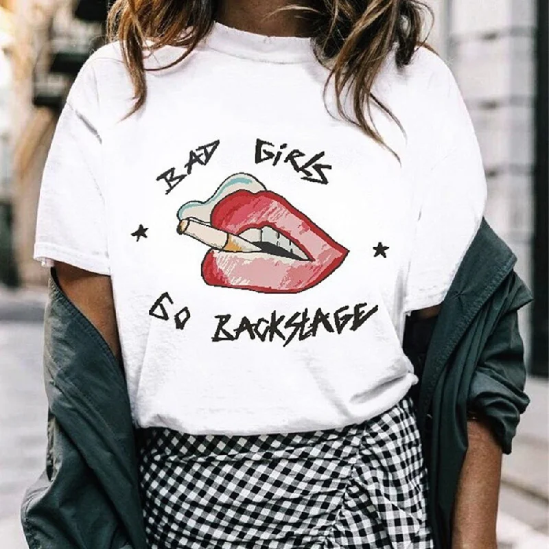 Fashion Home Printed Short Sleeve Gift Party Large Size Round Neck Women T Shirt Smoking Lips Shaped Casual Summer Eye Catching Fashionable Rounded Short Shirt