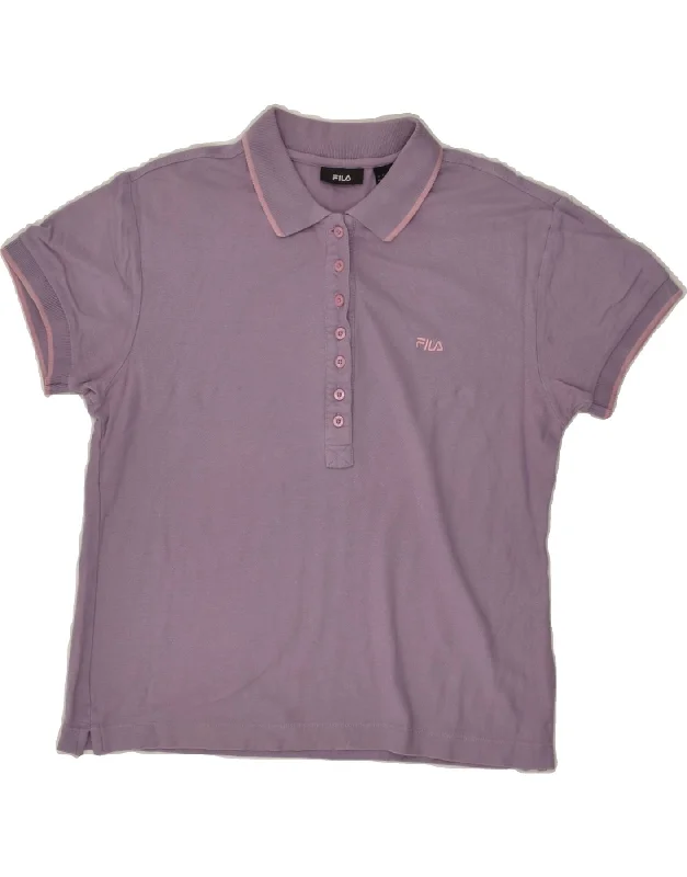 FILA Womens Polo Shirt UK 14 Medium  Purple Cotton Classic V-Neck Short Shirt