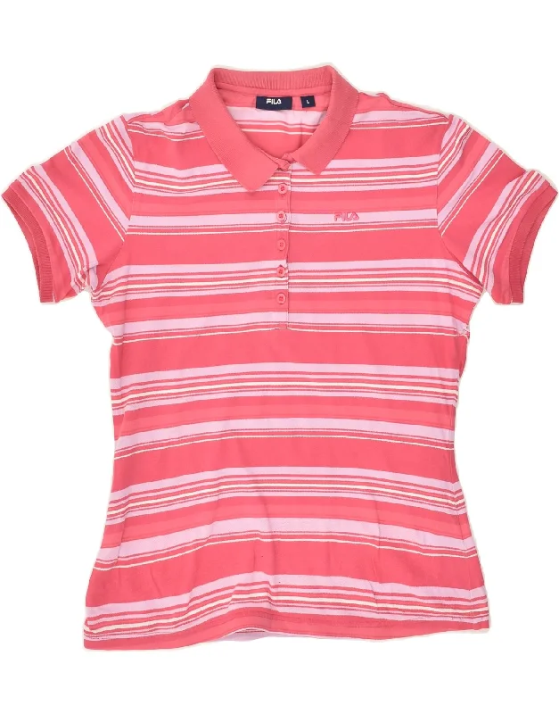 FILA Womens Polo Shirt UK 16 Large Pink Striped Cotton Fashionable Draped Short Sleeve