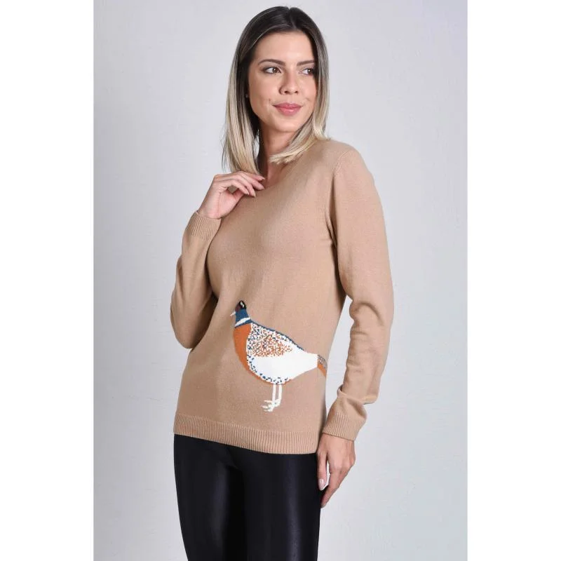 Hartwell Amanda Pheasants Wool Cashmere Ladies Knitted Jumper - Beige Print Jacquard Patchwork Hartwell Amanda Pheasants Wool Cashmere Ladies Knitted Jumper - Beige Print Jacquard Patchwork
