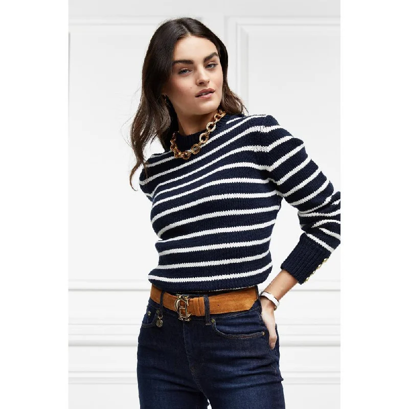 Holland Cooper Henley Striped Ladies Crew Jumper - Ink Navy/Natural Striped Floral Plaid