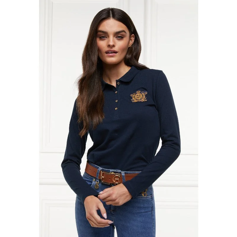 Holland Cooper Long Sleeve Crest Ladies Polo Shirt - Ink Navy Fashionable Plaid Short Sleeve