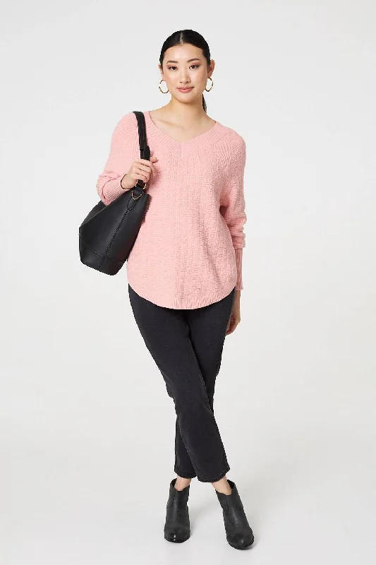 Textured V-Neck Relaxed Curve Hem Jumper Hooded Caped Shawl Collar