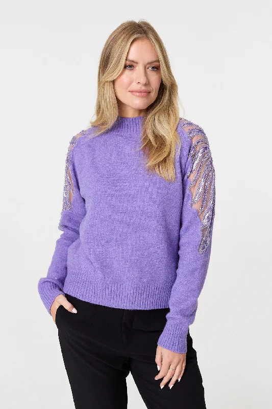 Sequin Detail High Neck Relaxed Jumper Front Pockets Side Pockets Patch Pockets