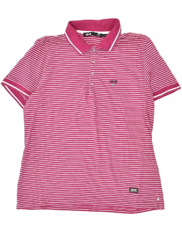 LIU JO Womens Polo Shirt IT 54 2XL Pink Striped Cotton Cozy Striped Short Sleeve