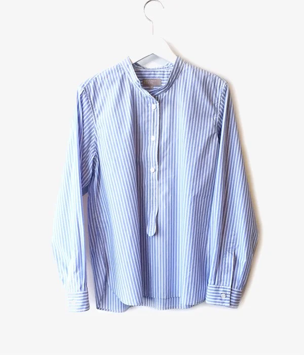 MARGARET HOWELL/BLUE STRIPE COTTON SHIRT(BLUE) Elegant Longline Short Shirt