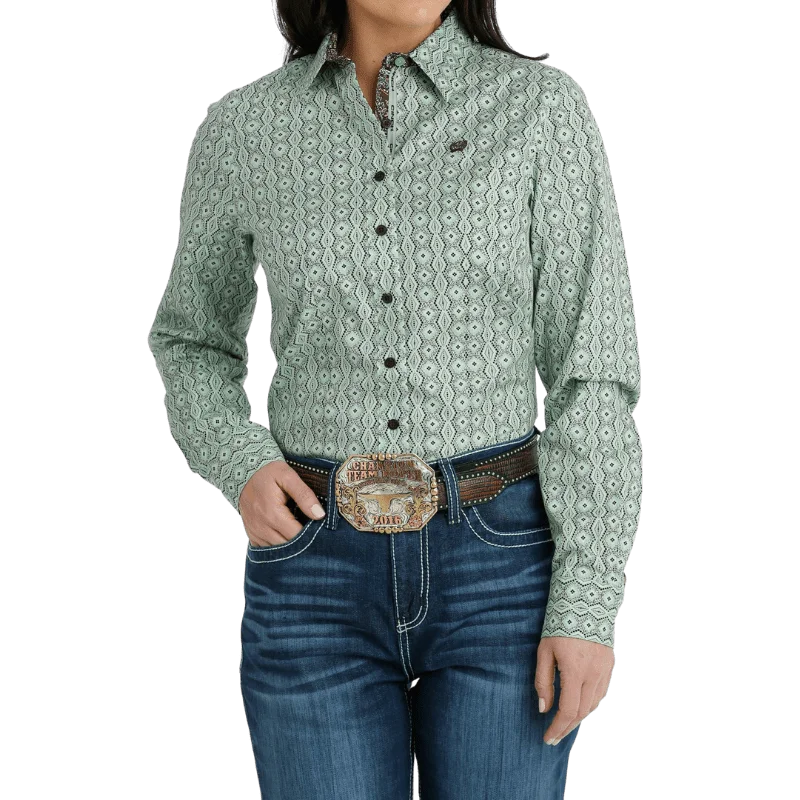 Cinch Women's Green Long Sleeve Button Down Western Shirt MSW9165043 Elegant High-Low Short Shirt