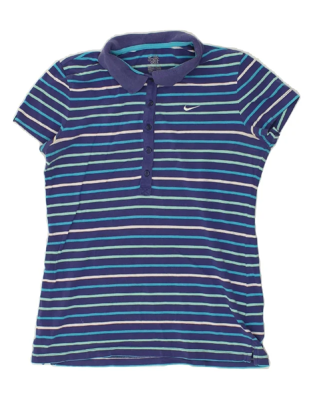 NIKE Womens Polo Shirt UK 14 Medium Navy Blue Striped Cotton Elegant Draped Short Sleeve