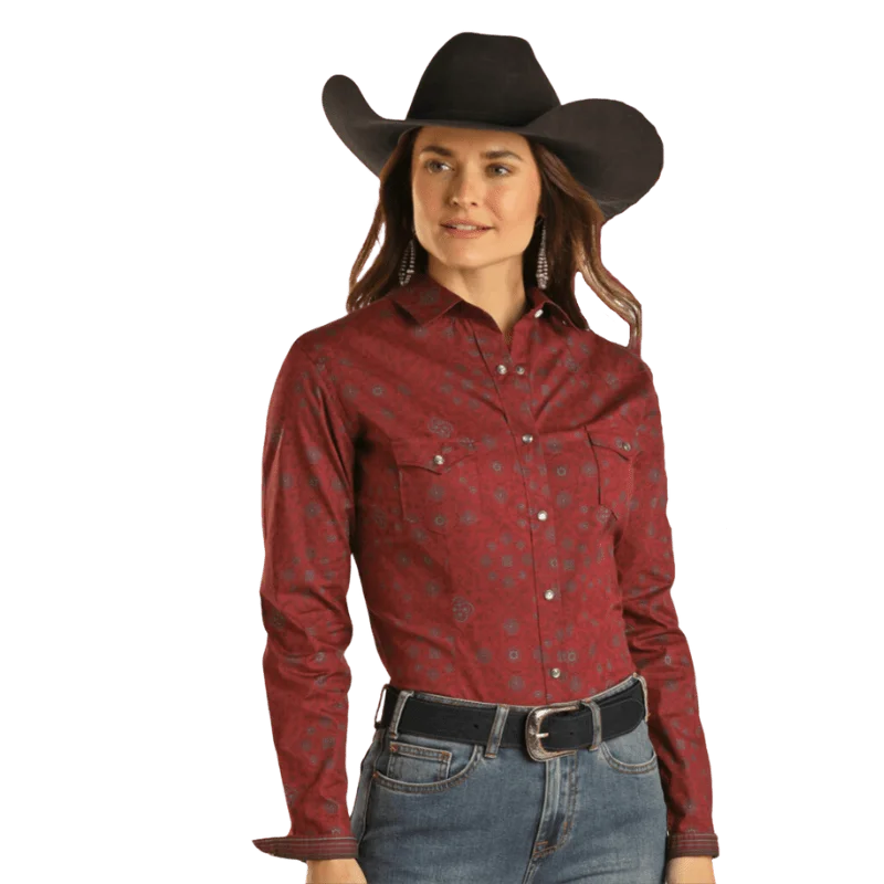 Panhandle Women's Rough Stock Burgundy Long Sleeve Western Snap Shirt RWN2S02826 Modern Fit Short Sleeve