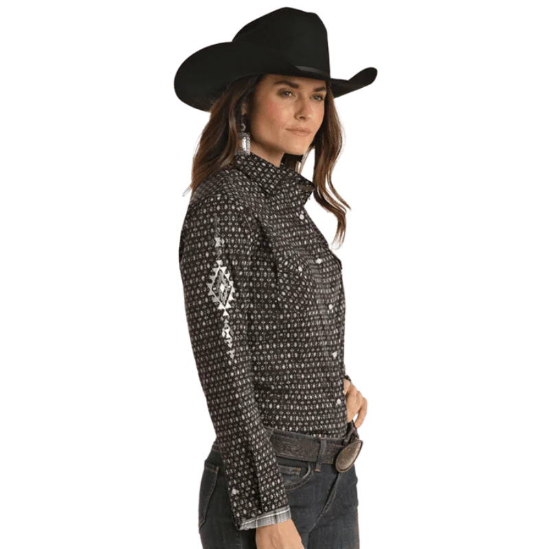 Panhandle Women's Rough Stock Geo Print Long Sleeve Western Snap Shirt RWN2S02220 Comfortable Pocket Short Shirt