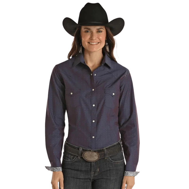 Panhandle Women's Rough Stock Royal Blue Long Sleeve Western Snap Shirt RWN2S02195 Classic Denim Short Sleeve