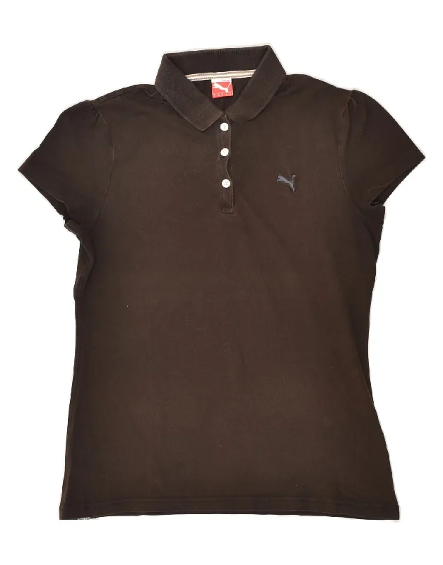 PUMA Womens Polo Shirt UK 14 Large Brown Cotton Cozy Summer Short Shirt