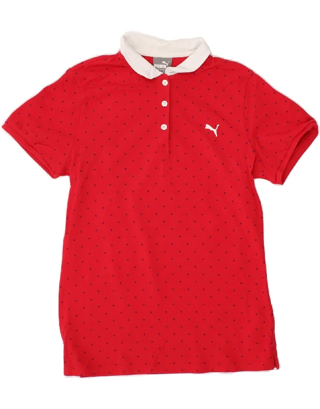 PUMA Womens Polo Shirt UK 14 Medium Red Spotted Cotton Cozy Striped Short Sleeve