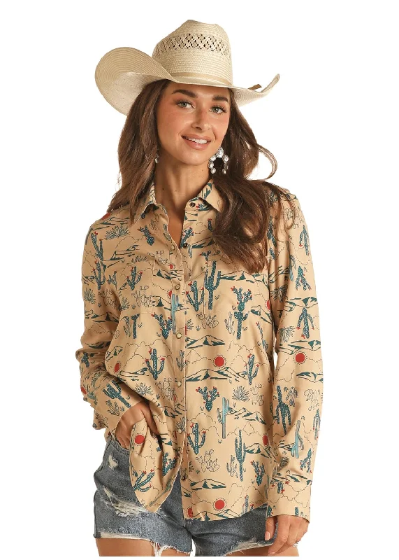 Rock & Roll Cowgirl Women's Desert Tan Printed Long Sleeve Western Snap Shirt RRWSOSR0V2 Cozy Printed Short Shirt