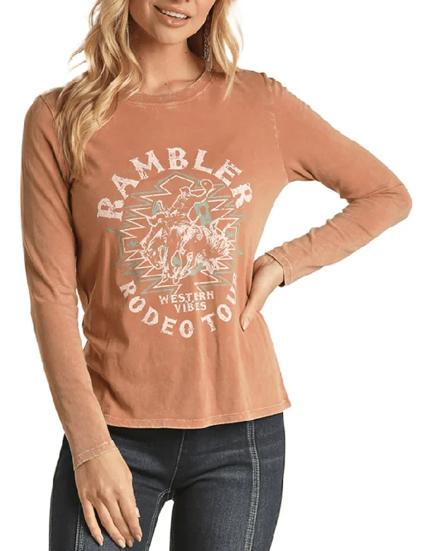 Rock & Roll Cowgirl Women's Rambler Graphic Long Sleeve Shirt RRWT22R0BN Stylish Split-Hem Short Shirt