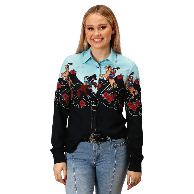 Roper Women's Cowgirl Border Printed Long Sleeve Western Snap Shirt 03-050-0590-6114 BL Elegant Off-Shoulder Short Shirt