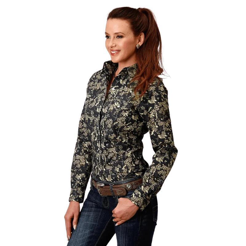 Roper Women's Vintage Dark Floral Print Long Sleeve Western Snap Shirt 01-050-0019-0709 BL Fashionable Plaid Short Sleeve