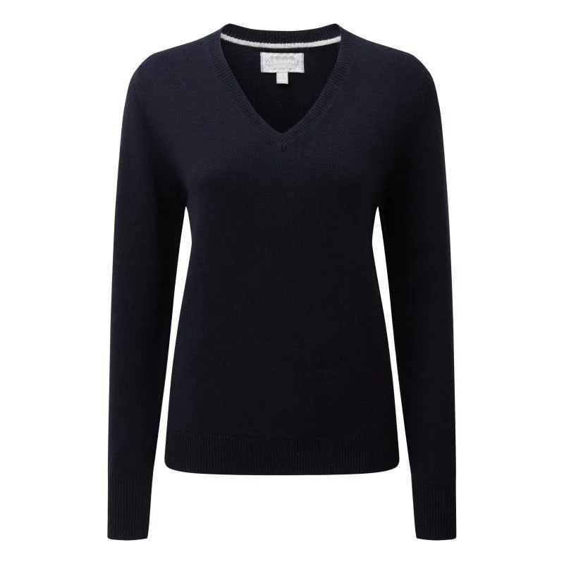 Schoffel Ladies Merino V Neck Jumper - Navy Ribbed Striped Patterned