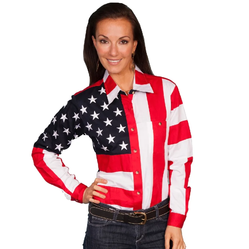 Scully Womens Long Sleeve Patriot Western Shirt Bold Stars And Stripes Fashionable Tied Short Sleeve