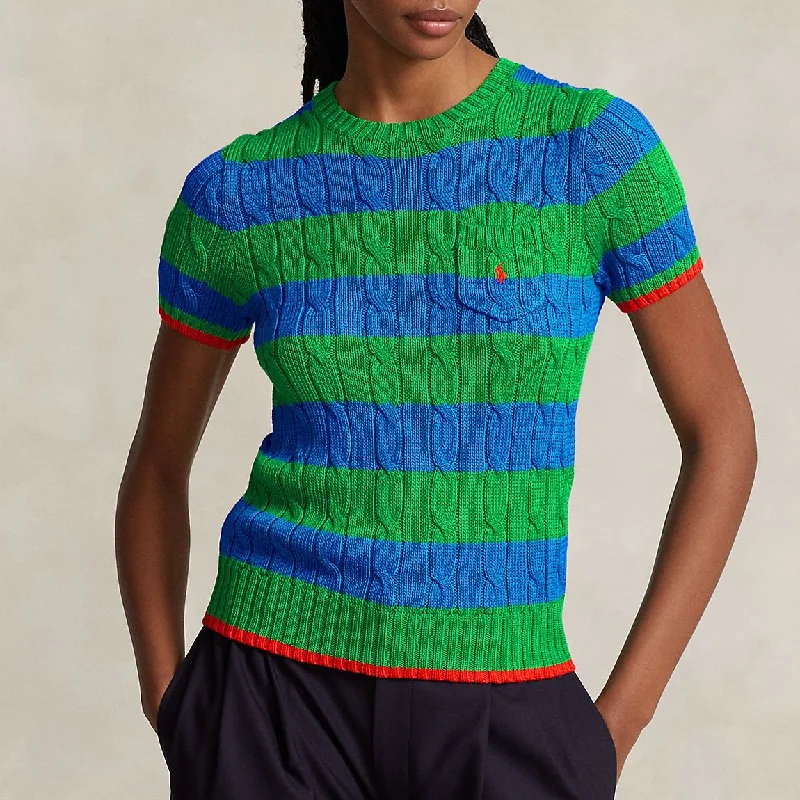 Striped Cable-Knit Cotton Jumper Mesh Sweater Canvas Denim