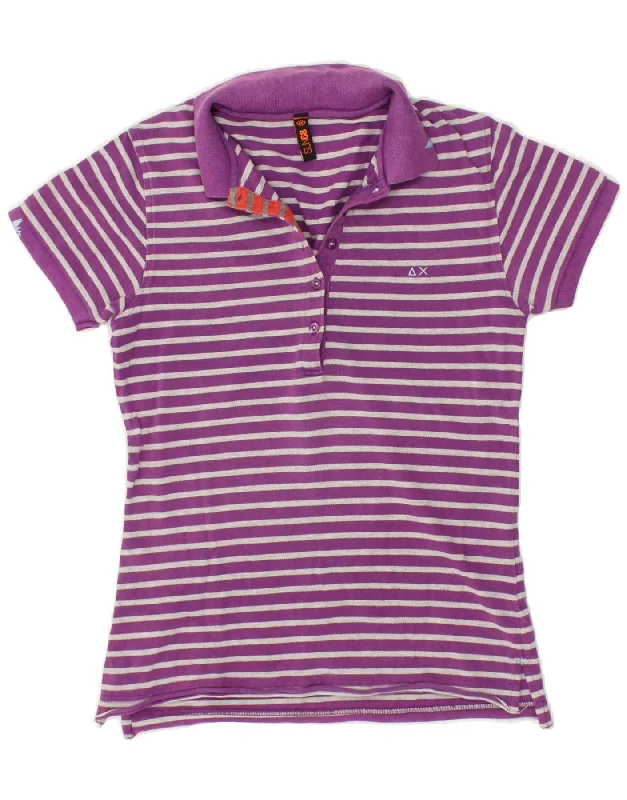 SUN68 Womens Polo Shirt UK 12 Medium Purple Striped Cotton Trendy Sleeveless Short Shirt