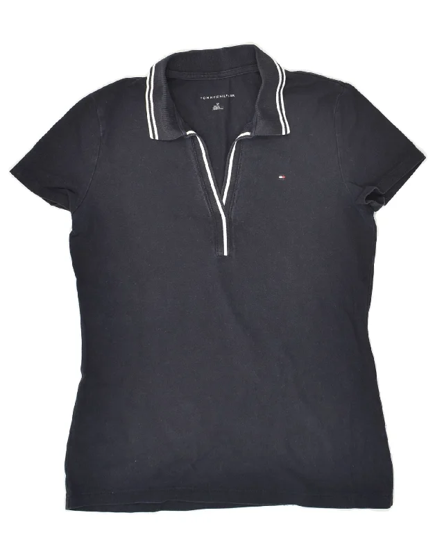 TOMMY HILFIGER Womens Polo Shirt UK 10 Small Navy Blue Cotton Comfortable Peplum Short Shirt