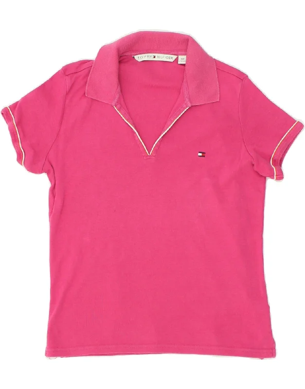 TOMMY HILFIGER Womens Polo Shirt UK 10 Small Pink Cotton Fashionable Cuffed Short Sleeve