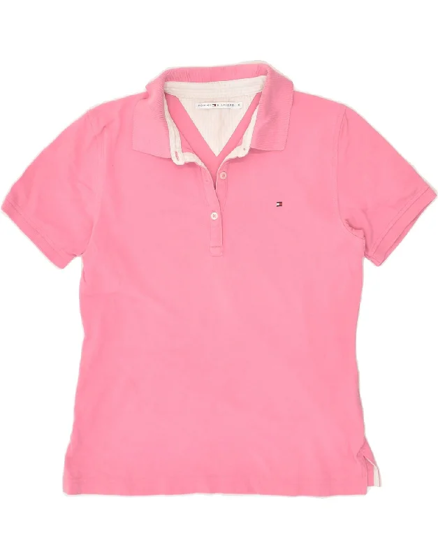 TOMMY HILFIGER Womens Polo Shirt UK 10 Small Pink Cotton Chic V-Neck Short Blouse