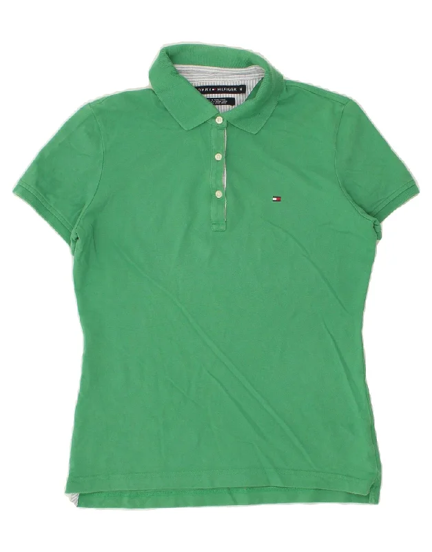 TOMMY HILFIGER Womens Polo Shirt UK 12 Medium Green Cotton Trendy Floral Short Sleeve