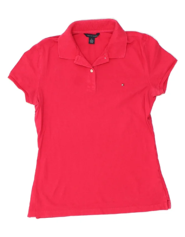 TOMMY HILFIGER Womens Polo Shirt UK 12 Medium Pink Cotton Elegant Lace-Trimmed Short Shirt