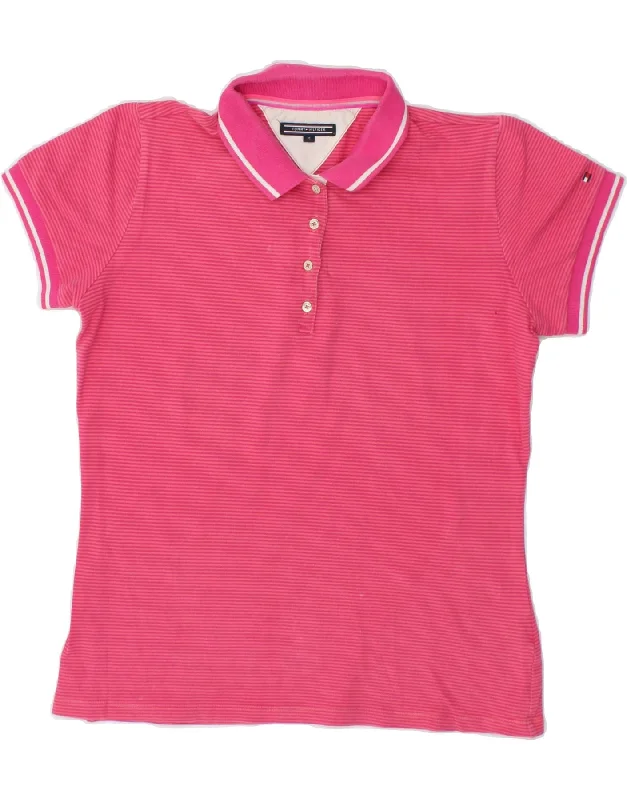 TOMMY HILFIGER Womens Polo Shirt UK 12  Medium Pink Striped Cotton Trendy Short Sleeve Blouse