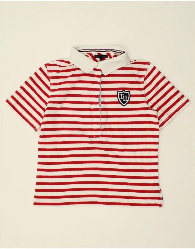 TOMMY HILFIGER Womens Polo Shirt UK 12 Medium Red Striped Cotton Cozy Cotton Short Tee