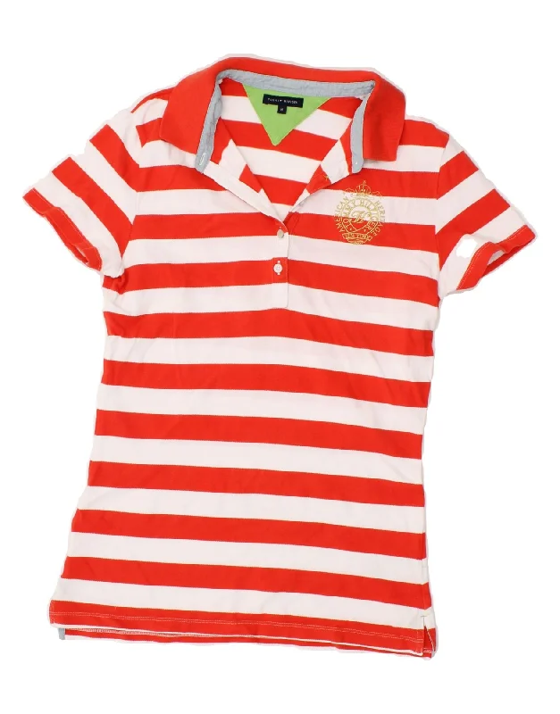 TOMMY HILFIGER Womens Polo Shirt UK 12 Medium Red Striped Cotton Relaxed Fit Short Blouse