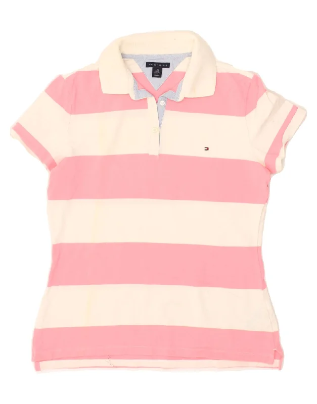 TOMMY HILFIGER Womens Polo Shirt UK 14 Large Pink Colourblock Cotton Fashionable Draped Short Sleeve