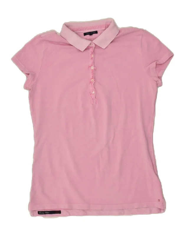 TOMMY HILFIGER Womens Polo Shirt UK 14 Large Pink Cotton Soft Flowing Short Shirt