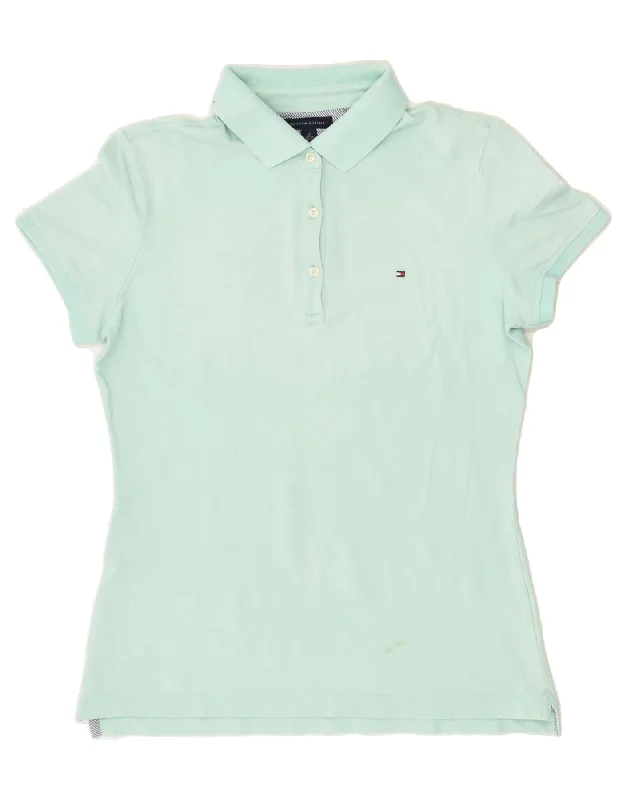 TOMMY HILFIGER Womens Polo Shirt UK 14 Medium Green Cotton Stylish Crew Neck Shirt