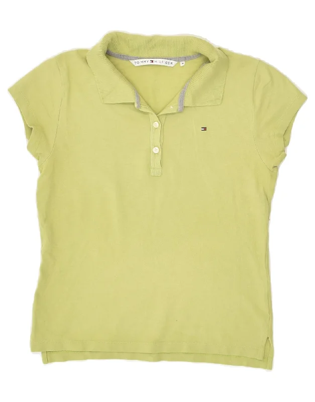 TOMMY HILFIGER Womens Polo Shirt UK 14 Medium Green Cotton Classic Button-Up Short Tee