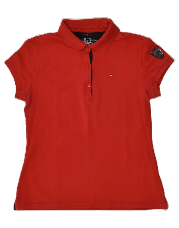 TOMMY HILFIGER Womens Polo Shirt UK 14 Medium Red Cotton Cozy Linen Short Shirt