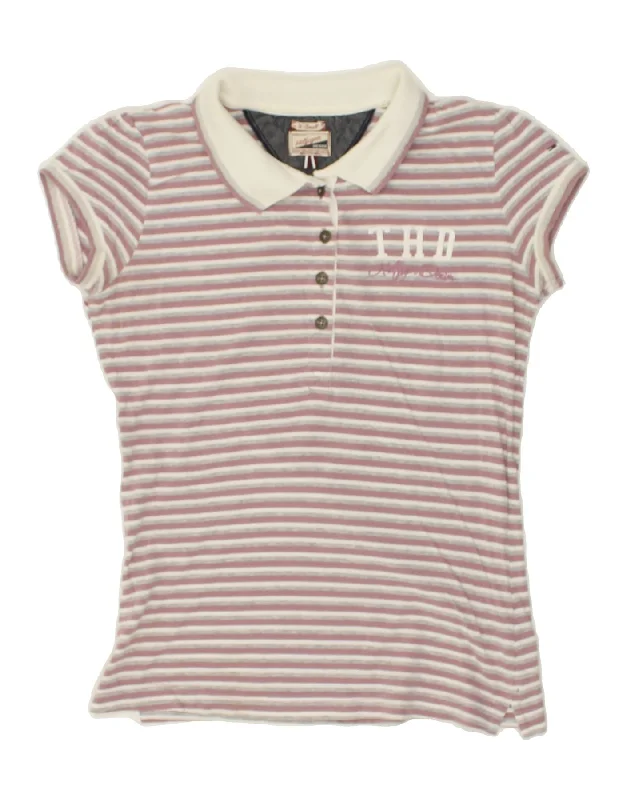 TOMMY HILFIGER Womens Polo Shirt UK 6 XS Pink Striped Cotton Chic Embellished Short Sleeve