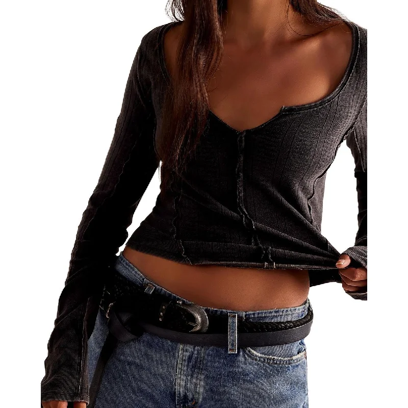 We The Free Womens V Neck Shirt Henley Fashionable Rounded Short Shirt