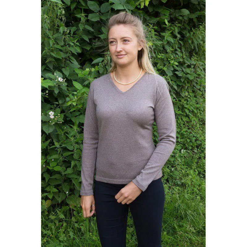 William Powell Ladies Merino V Neck Jumper - Mushroom Silk Blend Satin Velvet