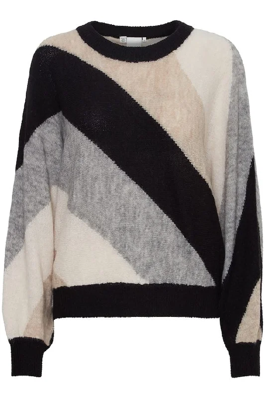 Women's ICHI IHKAMARA Black Striped Jumper Fleece Fabric Down Fabric Feather Fabric