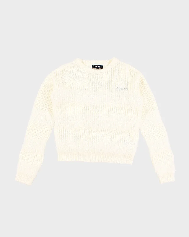 Womens White DKNY Fuzzy Jumper - L Open Front Closed Front Wrap Front