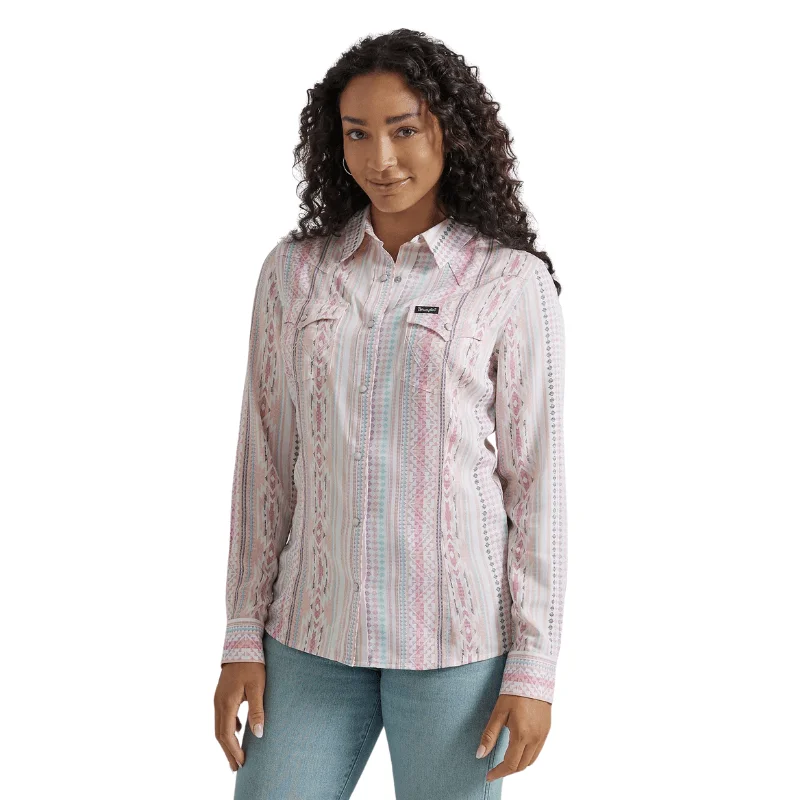 Wrangler Women's Pink Geo Retro Long Sleeve Western Snap Shirt 112347205 Stylish Short Sleeve Polo