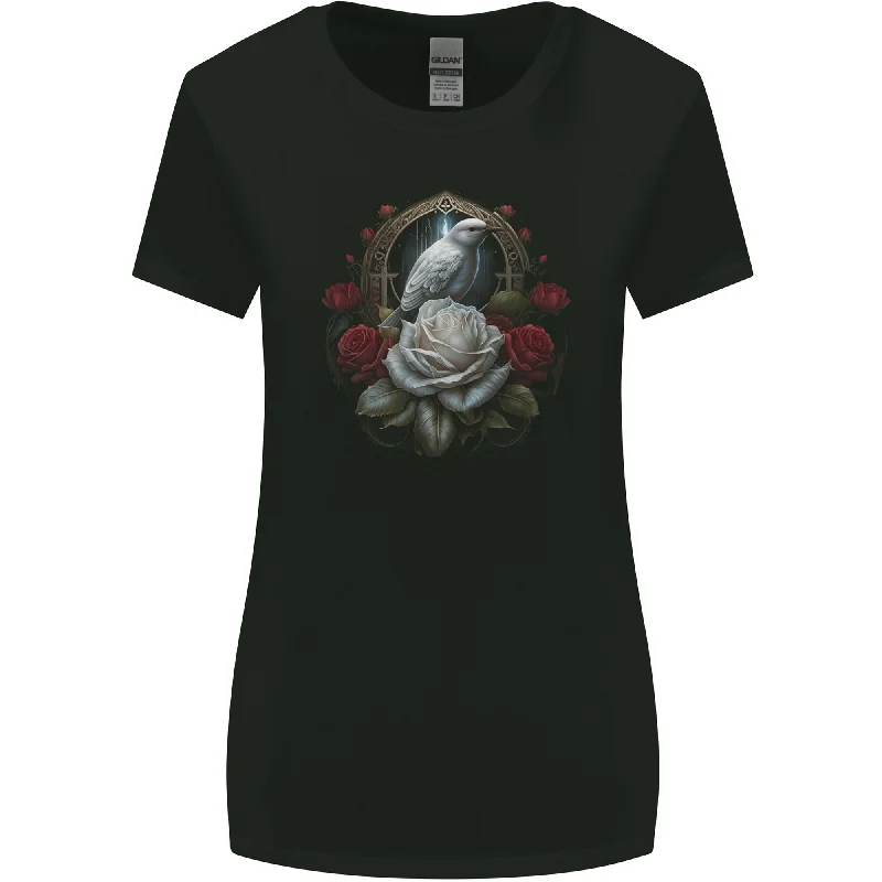 A Bird and Rose in Front of a Gothic Mirror Womens Wider Cut T-Shirt Real Fur Shearling Chenille