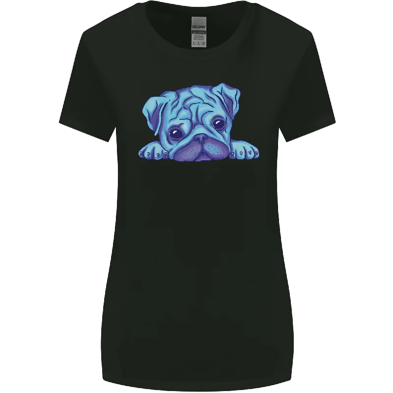 A Blue Watercolour Pug Womens Wider Cut T-Shirt Faux Fur Fabric Real Fur Fabric Shearling Fabric