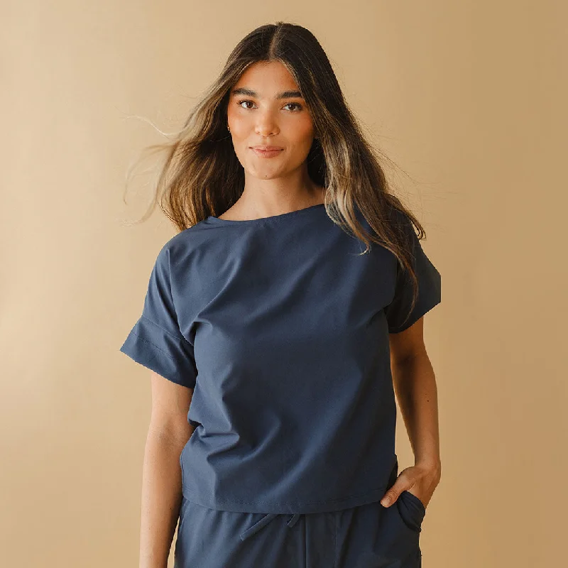 Boss Tee, Indigo Notch Collar Peter Pan Collar Cowl Neck